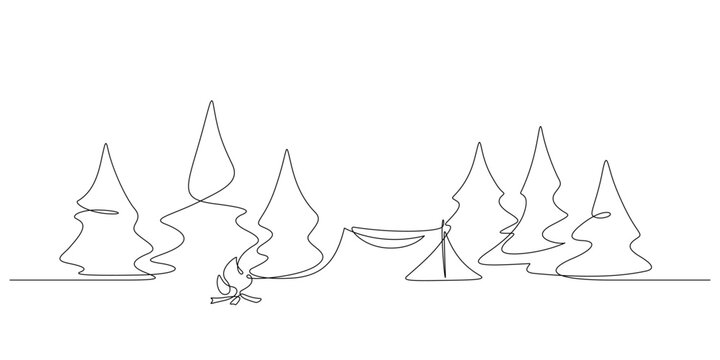 camping scene with tent,bonfire and woods background continuous line drawing