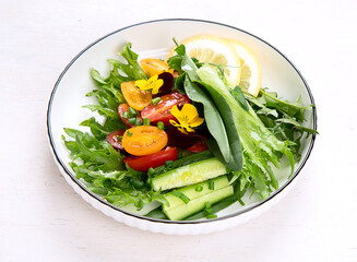 Spring vegetable salad. Tasty healthy food. top view