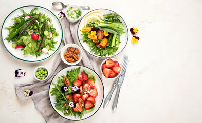 Various of spring vegetable salads. Tasty healthy food.
