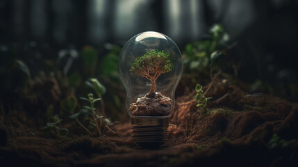 light bulb on green grass and sunlight in nature. concept of energy saving. generative ai