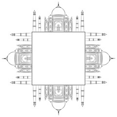 Square ethnic frame with Taj Mahal. Indian marble mausoleum of Mughal emperor Shah Jahan and his wife Mumtaz Mahal in Agra. Historical medieval monument. Black linear silhouette on white background.