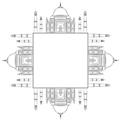 Square ethnic frame with Taj Mahal. Indian marble mausoleum of Mughal emperor Shah Jahan and his wife Mumtaz Mahal in Agra. Historical medieval monument. Black linear silhouette on white background.