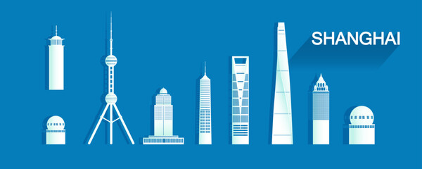 Fototapeta premium Travel landmarks Shanghai with isolated silhouette architecture on blue background.