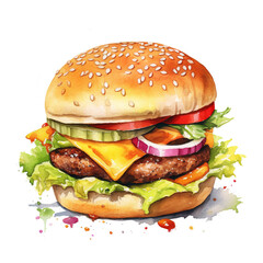 Watercolor, Hamburger on white background, Ai generated