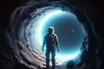 Obraz na płótnie Canvas Science, sci-fi concept. Astronaut with costume looking through entrance to other planet. Astronaut base and human colonization in other planet. Generative AI