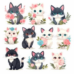 Fototapeta premium Set of Various Cute Cats with flowers AI Generated Illustration