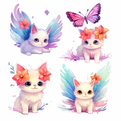 Obraz premium Cute Angel Cats with colorful wings sets AI Generated Illustration