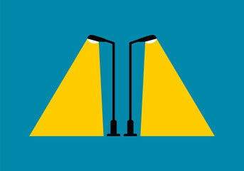 Two electric streetlight lamp pole illumination at night on blue background flat icon vector design.