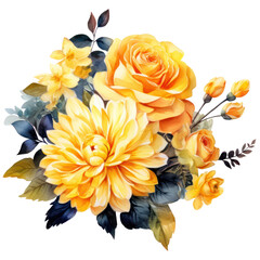 Fototapeta premium Illustration Bouquet of yellow flowers, watercolor yellow floral, rose, peony, dahlia, Isolated on transparent background. Generative AI