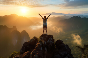 Successful women have attained peaks of personal growth and development. Woman on top of the mountain with arms open to a welcoming new day with sunrise success, Generative AI