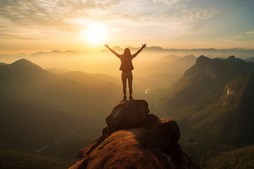 Successful women have attained peaks of personal growth and development. Woman on top of the mountain with arms open to a welcoming new day with sunrise success in business , Generative AI