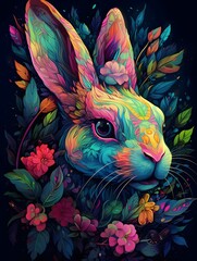 Detailed illustration of a rabbit in neon bright colors on a black background