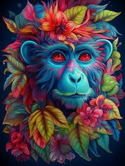 Detailed illustration of a monkey in neon bright colors on a black background