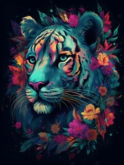 Detailed illustration of a tiger in neon bright colors on a black background