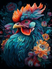 Detailed illustration of a rooster in neon bright colors on a black background