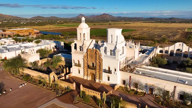 Mission San Xavier del Bac aerial view in Tohono O'odham Nation Indian Reservation near city of Tucson, Arizona AZ, USA. 