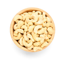 Bowl with tasty cashew nuts isolated on white background