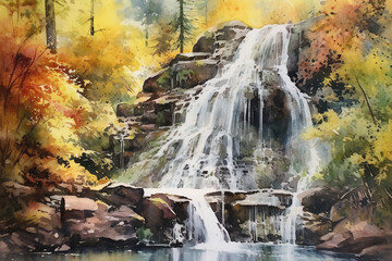 Watercolor waterfall landscape, ai generated