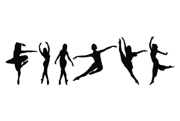 Collection of ballet dances performed by women with silhouettes vector illustration.