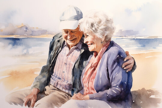 Senior couple hugging at the beach. Beautiful painting generated by Ai