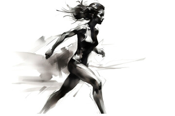 Running woman, side view. Charcoal drawing, generative art