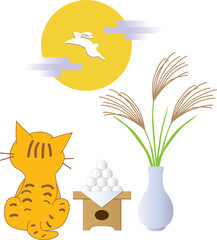 十五夜の満月と月見の飾りと猫
