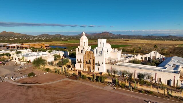 Mission San Xavier del Bac aerial view in Tohono O'odham Nation Indian Reservation near city of Tucson, Arizona AZ, USA. 