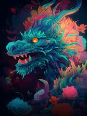 Detailed illustration of a dragon in neon bright colors on a black background