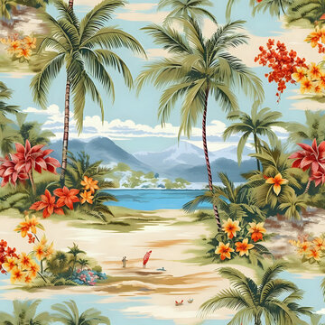 beach with palm trees, repeating seamless hawaii pattern, small and intricate, palm trees, flowers, beaches