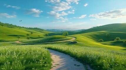 Fototapeta na wymiar Picturesque winding path through a green grass field in hilly area in morning at dawn against blue sky with clouds. Natural panoramic spring summer