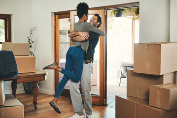 Happy couple, hug and real estate moving in new home for relocation, renovation or investment...