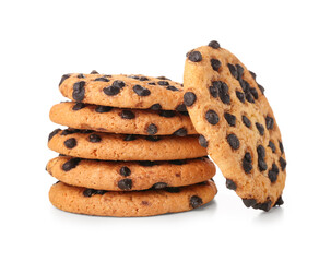 Stack of tasty cookies with chocolate chips on white background