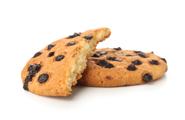 Tasty broken cookies with chocolate chips isolated on white background
