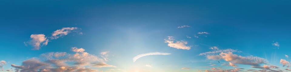 Dark blue sunset sky panorama with pink Cumulus clouds. Seamless hdr 360 panorama in spherical equirectangular format. Full zenith for 3D visualization, sky replacement for aerial drone panoramas.