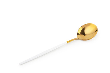 Golden spoon on white background