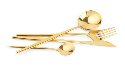 Golden set of cutlery on white background