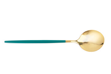 Golden spoon with blue handle on white background