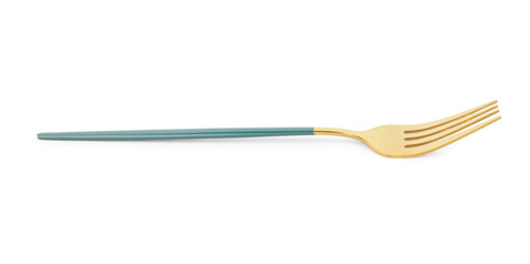 Golden fork with blue handle on white background