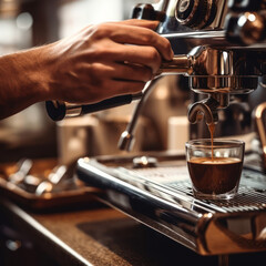 Coffee maker machine closeup, hot espresso pouring in a cup from a proffessional portafilter in a cafe shop Generative AI