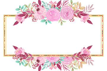 Watercolor frame of pink roses and green leaves