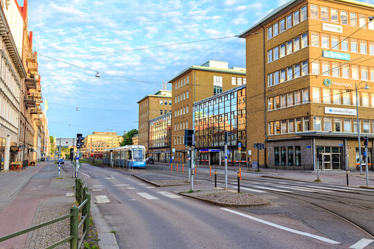 Gothenburg, Sweden - June 25, 2019: Tram on Forsta Langgatan Street, early morning