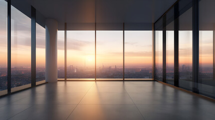 Empty modern office interior with big glass with and skyline view with sunset created with Generative AI