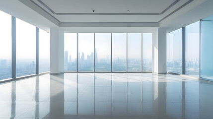 modern office interior  with big glass with and skyline view created with Generative AI