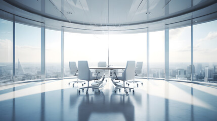 modern office interior of empty conference table and chair with big glass with and skyline view created with Generative AI