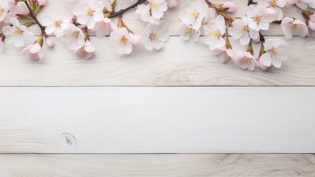 Blue and white lily bougenville sakura blossoms  flowers and leaf Border surrounding on a white rustic Wooden Tabletop, Highlighting the Soft and Selective Elements of Flower Border Art. Generative ai