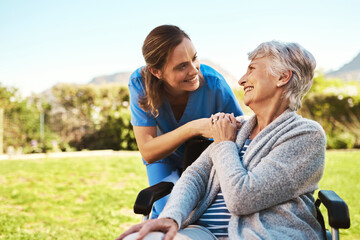Senior woman, nurse and wheelchair in life insurance, healthcare support or garden at nursing home....