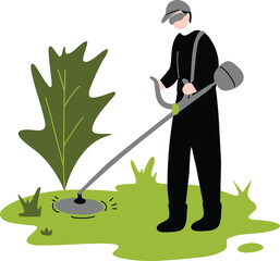 Gardener with a lawn mower. Vector illustration on white background.