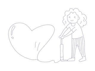 A girl with heart, cute cartoon dotted line for invitation card.