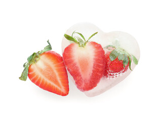 Fresh strawberry frozen in ice on white background