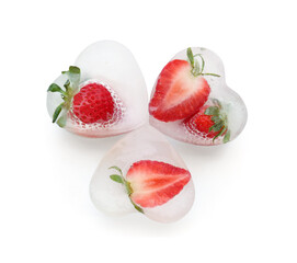 Fresh strawberry frozen in ice on white background